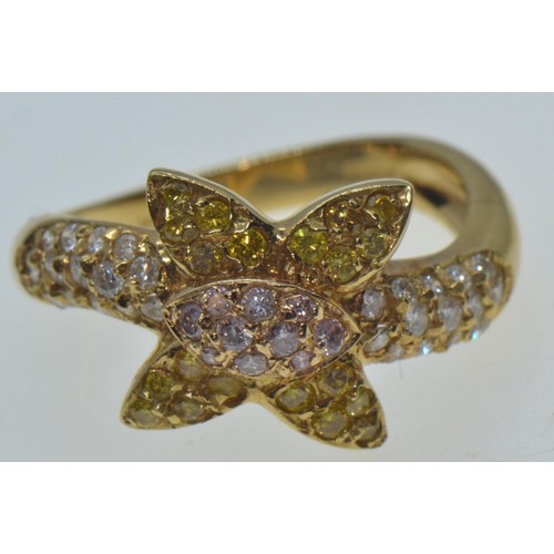 729 - 18ct gold & coloured diamond ring, size L, 4.22 grams