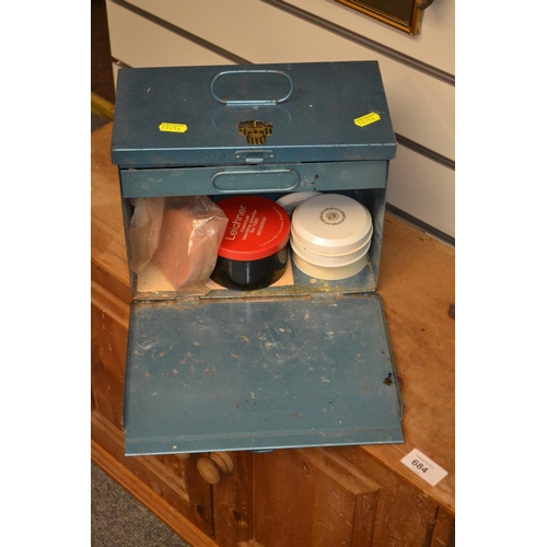 255 - Blue metal box with vintage stage makeup materials, brushes etc.