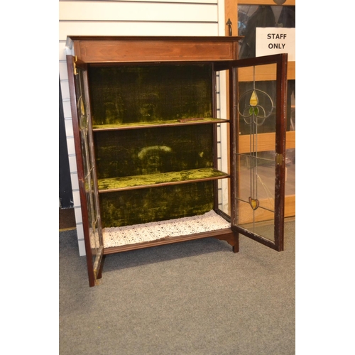 966 - Art Nouveau stained leaded glass fronted display cabinet. (1 panel cracked) 87cm x depth 34cm x heig... 