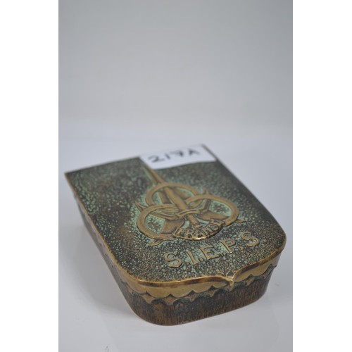 839 - Max Le Verrier bronze stamp box, the cover with a sword & rings emblem & marked 'France S.I.... 