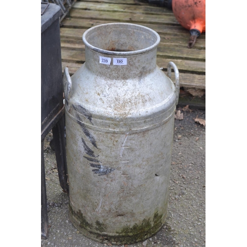 110 - Aluminium milk churn. Holes to sides. H66cm