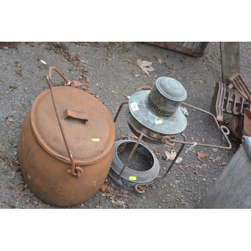 32 - Large cast cook pot with lid & lamp frame