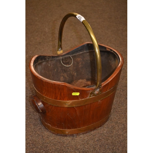 675 - Brass banded and handled wooden coal bucket with liner. dia, 37 x 31 x 27cm