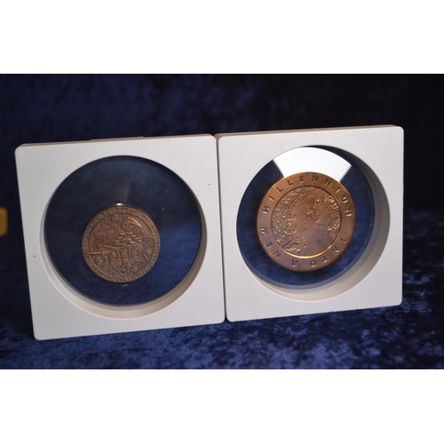 685 - Two cased medallions inc, Viking raid on West Devon. 