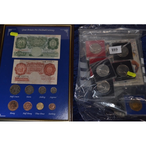 688 - Cased crowns etc, plus framed uncirculated pre-decimal currency.