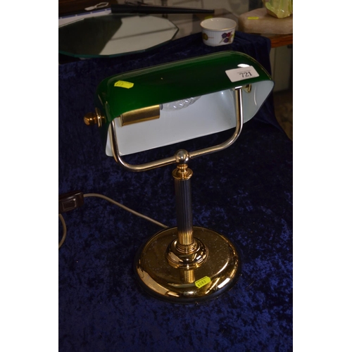 721 - Library/ court style brass lamp with green glass shade.