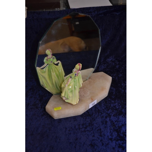 722 - Victorian dodecagon shaped mirror on hardstone base with ceramic figure, L31 x D13 x H31.5cm