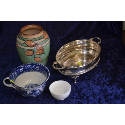 723 - Royal-cauldron vase plus two other pieces. Vase 20cm ht. plus silver plated oval dish.