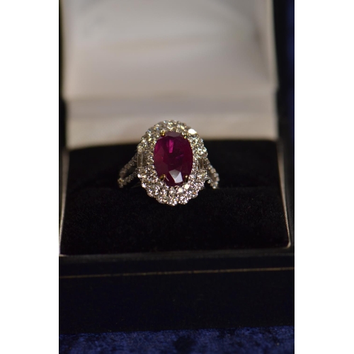 728 - 18ct white gold, ruby & diamond cluster ring, size N, 5.64 grams