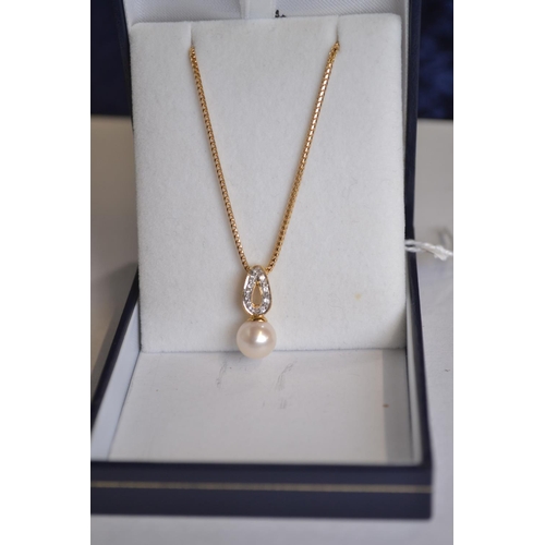 755 - 18ct gold, pearl & diamond pendant & chain, chain circumference 400mm, gross weight 7 grams