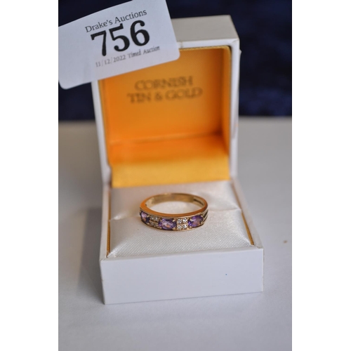 756 - 9ct gold, amethyst & diamond ring, hallmarked London 1993, size O, 2.62 grams