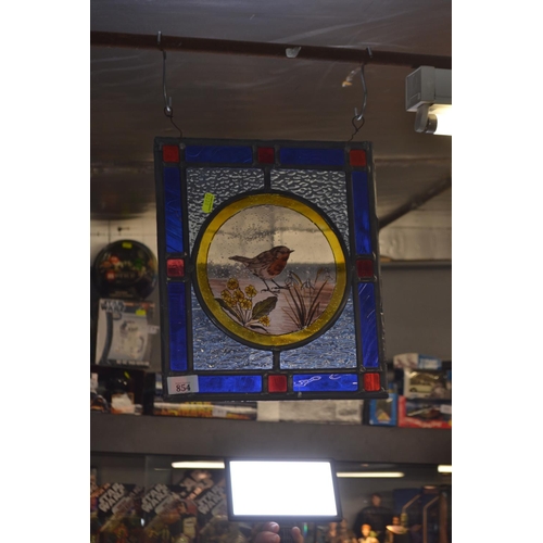 854 - Leaded stained glass panel with central Robin 29 x 34cm