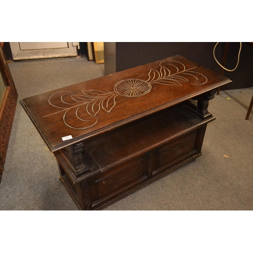 903 - Oak carved monks bench, missing foot. 107cm long x 47cm deep x 61cm high