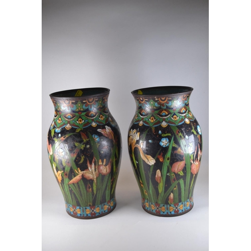 907 - Pair of Cloisonné vases decorated with iris & convolvulus. 25cm high  