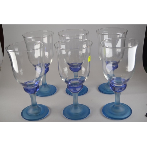 908 - Six blue stemmed wine glasses