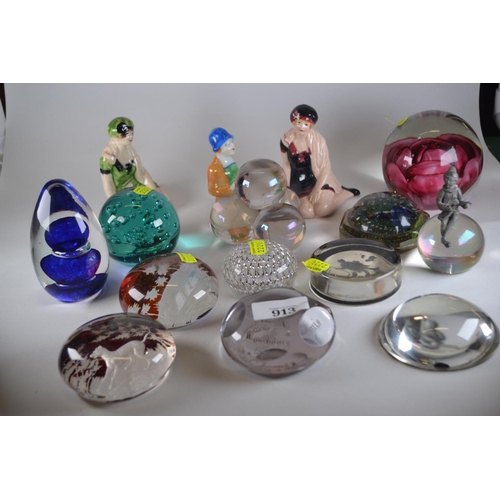 913 - Collection of glass paperweights  and Deco ceramic ladies.