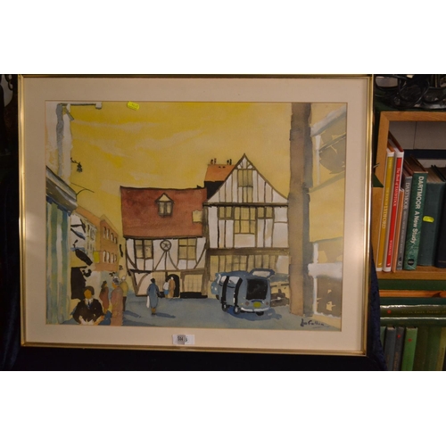 514 - Framed water colour of a town scene, signed bottom right.