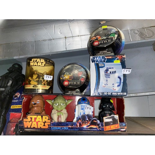 578 - Large selection of Star wars collectables, mostly boxed. Inc, R2D2 mug, plus large Star wars figures... 