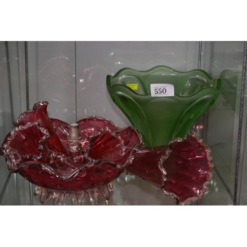 217 - Epergne, missing support frame & uranium glass rose bowl.