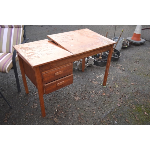 134 - 2 drawer desk, with flip up writing/illustrators slope. W116cm