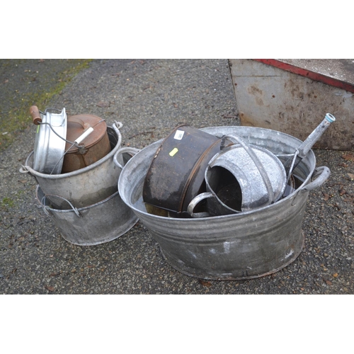 140 - Quantity of mixed galvanised and other containers, watering can etc.