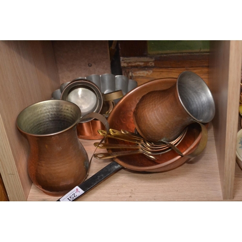 251 - Copper tankards, jelly moulds, measuring pans etc.