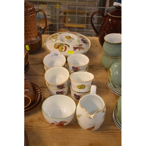 281 - Royal Worcester Evesham part set, including 8 ramekins, serving bowl, milk jug and sugar bowl.