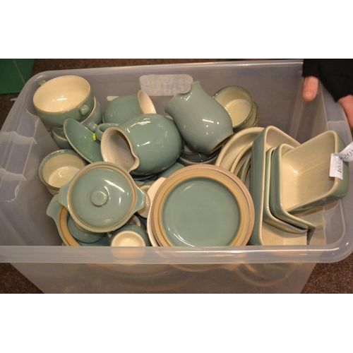 301 - Large collection of Denby serving ware, cups, mugs and soup bowls & ramekins.