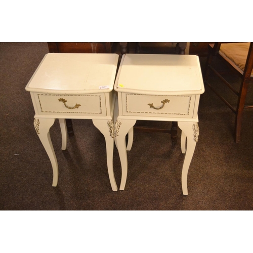 307 - Pair of french bedside cabinets in soft white with some gilding to decoration and cabriole legs. W 3... 