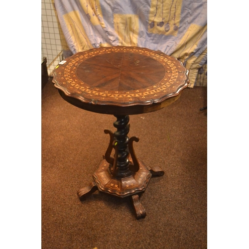 313 - Irish beautifully ornate circular table with turned centre support having inlay with 3 leaf clover d... 