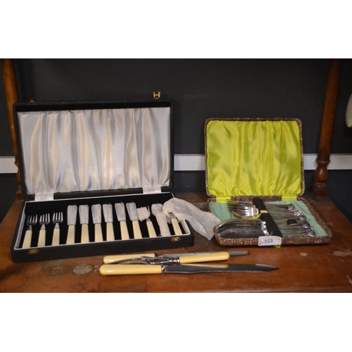 353 - Two cased sets of fish knives & forks, together with a three piece carving set plus silver plate... 