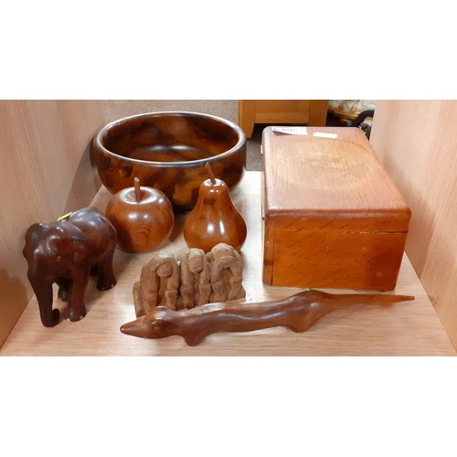 268 - Wooden bowl carved fruit and animals, together with a wooden box with lid.