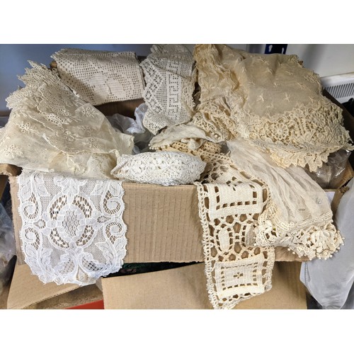 49 - Box of vintage lace together with patterned & floral textiles & sample book