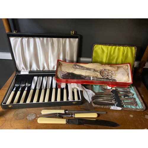 353 - Two cased sets of fish knives & forks, together with a three piece carving set plus silver plate... 