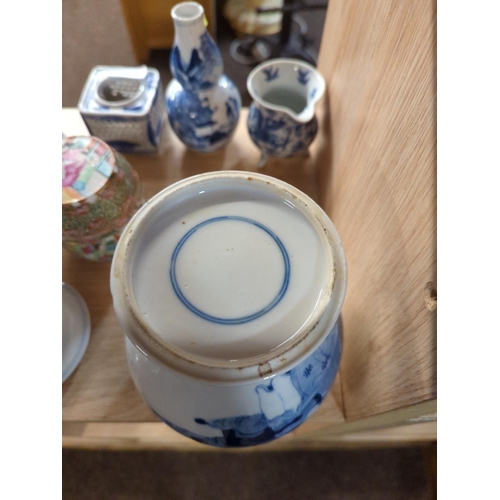 263 - Collection of oriental ware, one ginger jar with two blue rings on base.