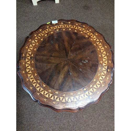 313 - Irish beautifully ornate circular table with turned centre support having inlay with 3 leaf clover d... 