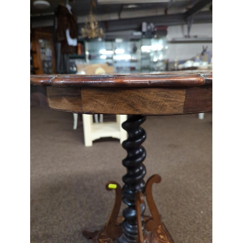 313 - Irish beautifully ornate circular table with turned centre support having inlay with 3 leaf clover d... 