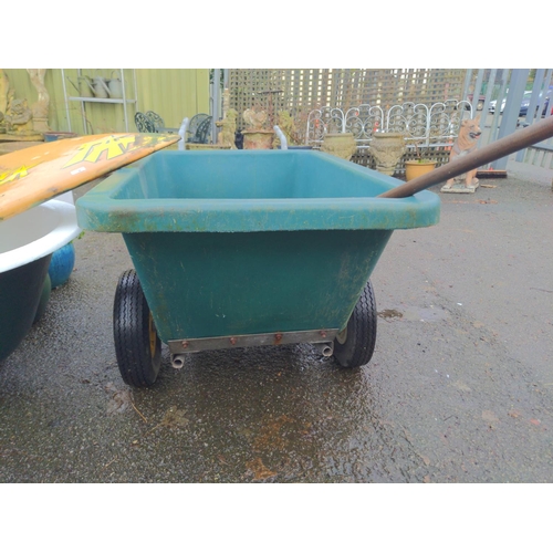 1 - Large green tipping wheelbarrow, with mucking-out stable scrape