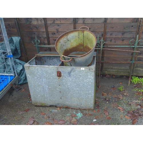 24 - Galvanised feed bin (AF - missing lid, holes to bottom etc.) together with large pan (missing bottom... 