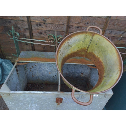 24 - Galvanised feed bin (AF - missing lid, holes to bottom etc.) together with large pan (missing bottom... 