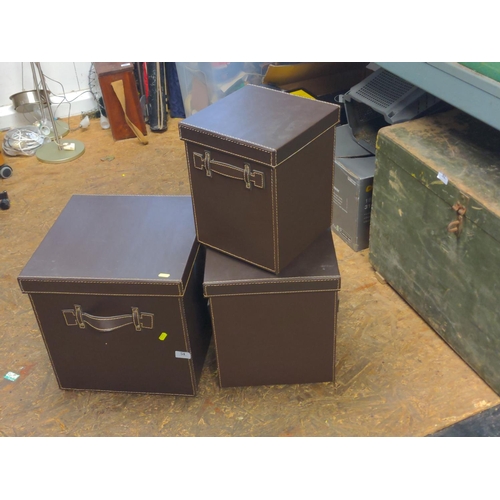 54 - 3x leather effect graduated storage boxes. Largest 38cm x 38cm x h42cm