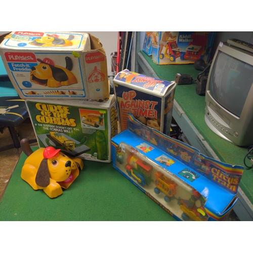 56 - Various vintage toys: Fetch-it Freddie, Up Against Time, Circus Train & Curse of the Cobras. All... 