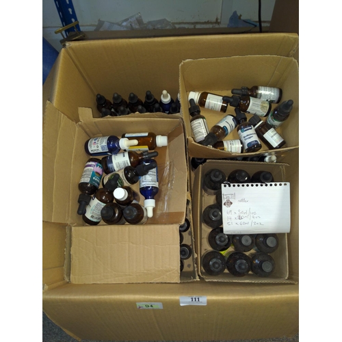 111 - Quantity of medicine bottles, most with dropper lids: 69x 30ml, 14x 120ml, 51x 60ml