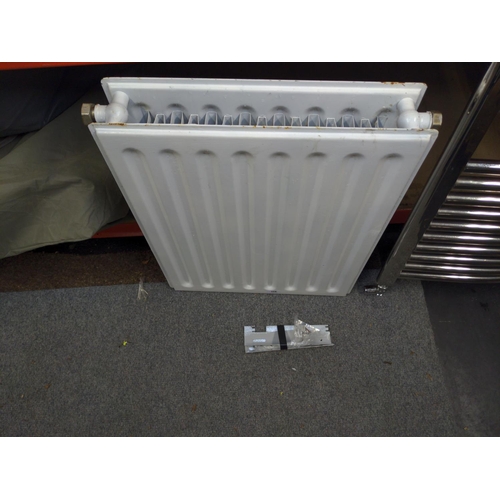 118 - Small radiator (repainted) w49cm h61 with wall mounts together with chrome effect towel rail w60cm h... 