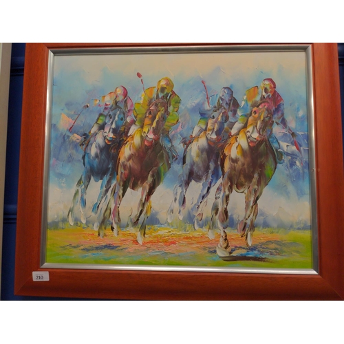 Anthony Vecchio, signed oil on canvas of racing horses, 75cm x 64cm