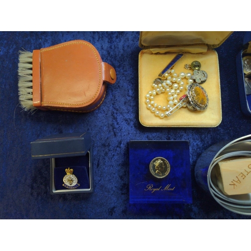 353 - Mixed collectables, including a music box, costume jewellery, badges, coins etc.