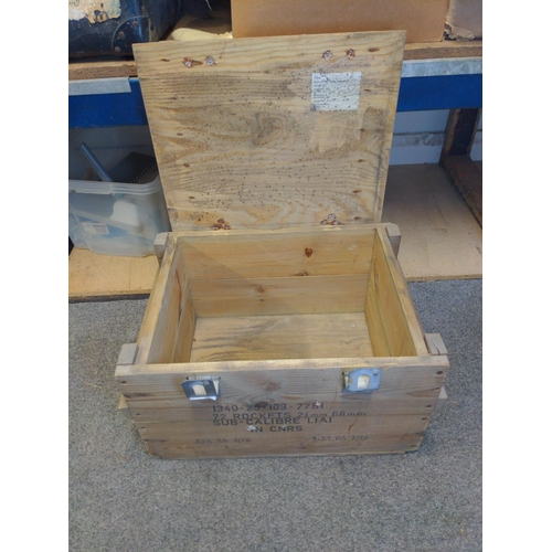 147 - Wooden ammunition box with solid lockable lid and clasps. Marked as 72 Rockets 21mm 66mm SUB-CALIBRE... 