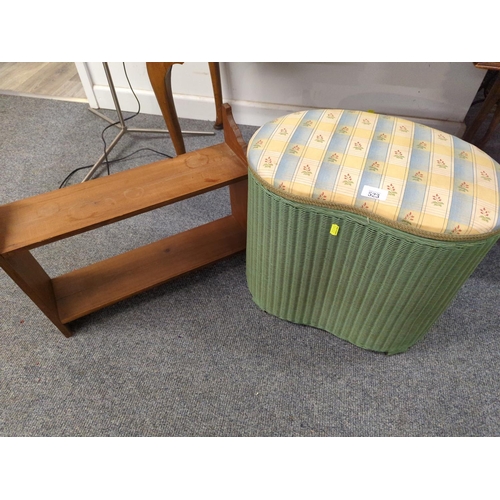 523 - Lloyd Loom Lusty kidney shaped linen box with padded top, W48 x D31 x H42cm and a Pine shelf unit, W... 