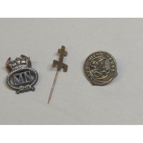 356A - HM silver Scouting 'With Thanks' badge, together with a Merchant Navy  badge & a cross pin