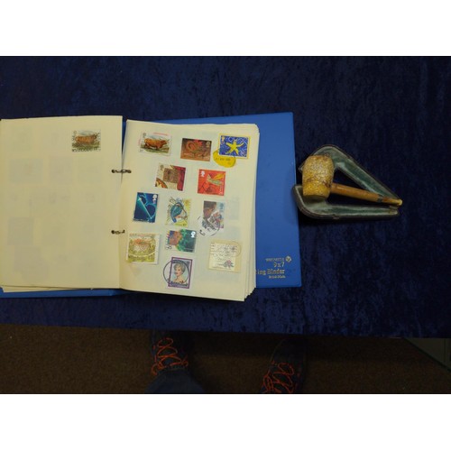 355 - British & world stamps including three albums, loose, & books, together with a meerschaum pi... 